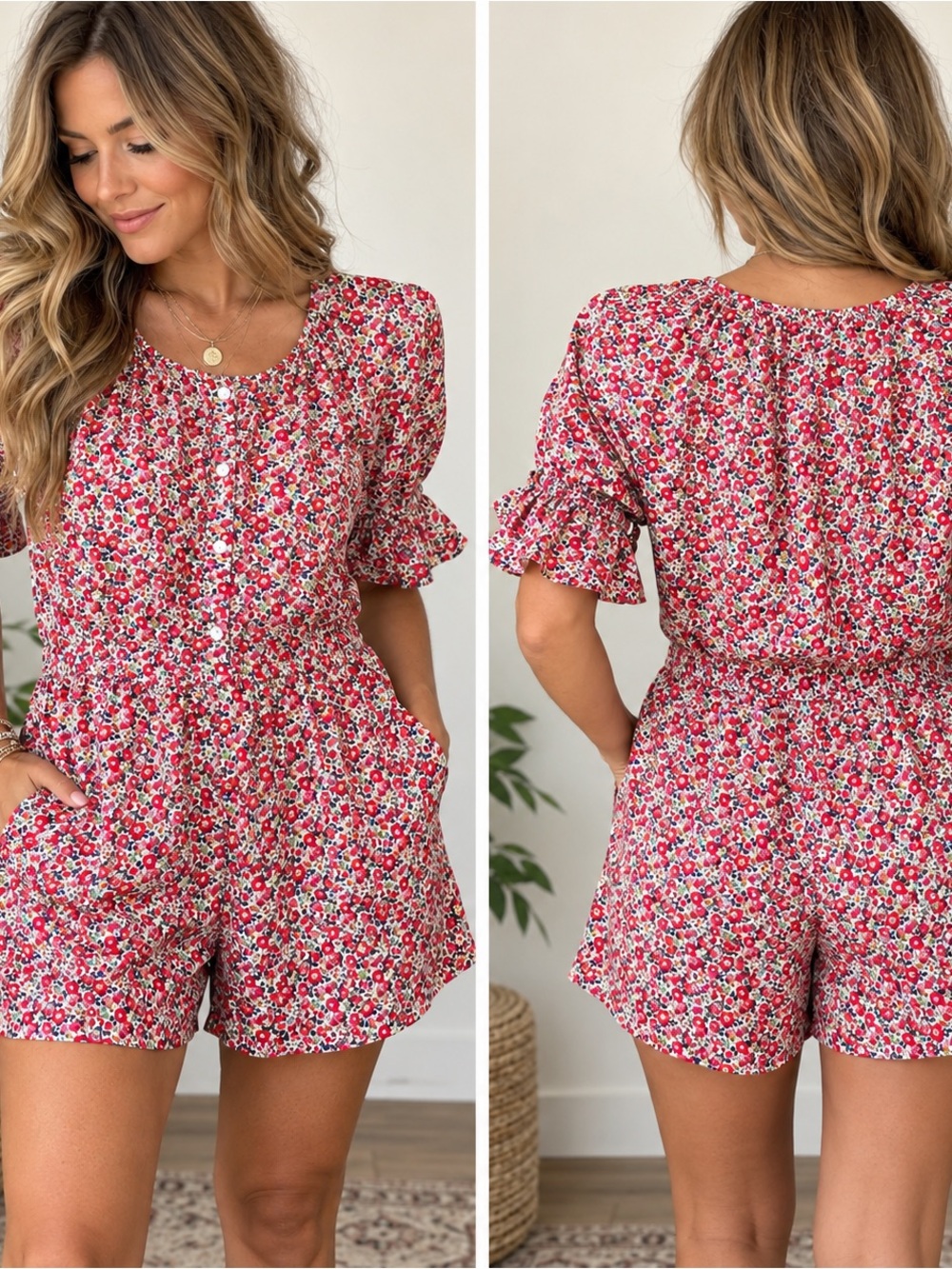 J.Crew Liberty Betsy Ann Floral Romper Red Button Front Puff Sleeve Size Medium